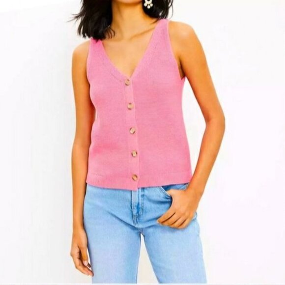 Loft Pink Knit V-Neck Sleeveless Sweater Vest Button Front Women's Size Large - Picture 1 of 15